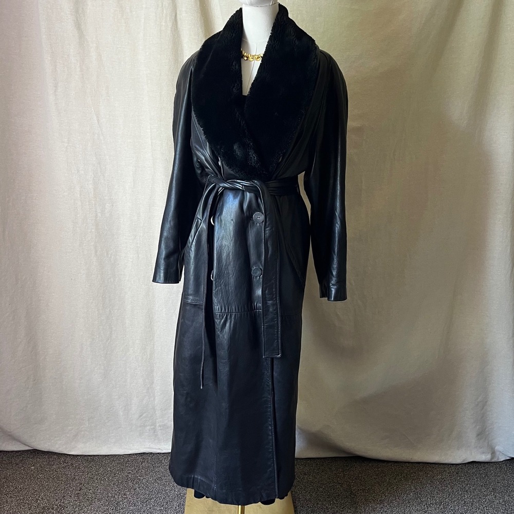Vintage VAKKO Black Leather Trench Coat‎ Removable Faux Fur Collar USA M